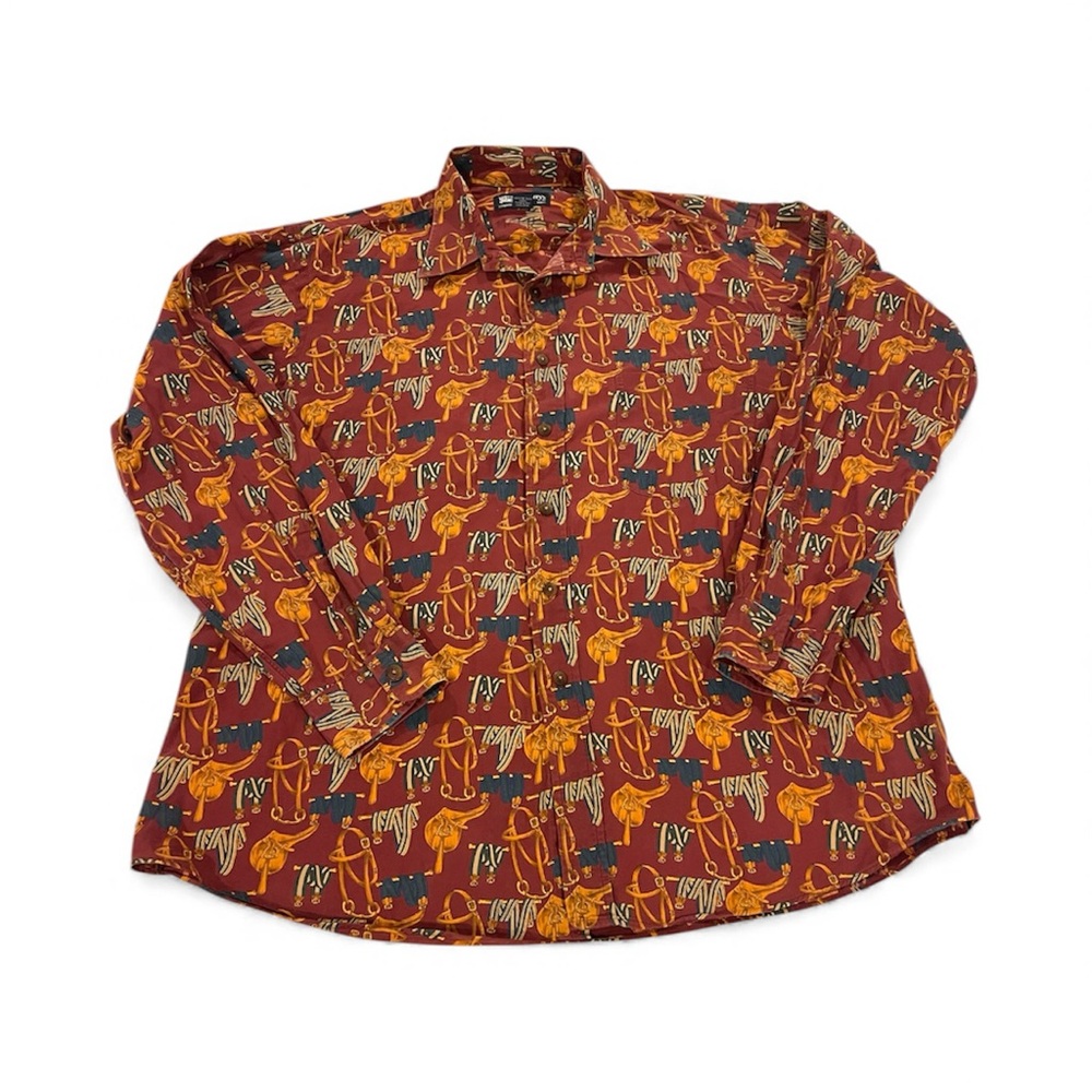 Vtg Burberrys Long Sleeve Equestrian All Over Print Saddle Shirt Size XL Cotton